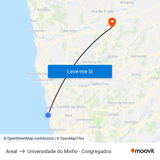 Areal to Universidade do Minho - Congregados map