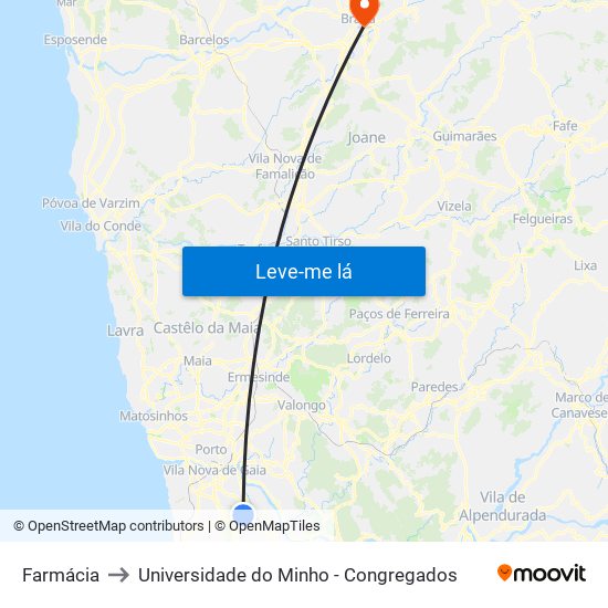 Farmácia to Universidade do Minho - Congregados map