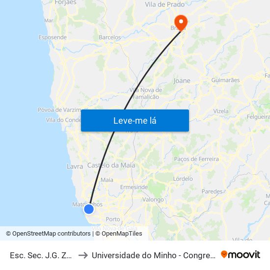 Esc. Sec. J.G. Zarco to Universidade do Minho - Congregados map