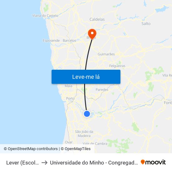 Lever (Escola) to Universidade do Minho - Congregados map