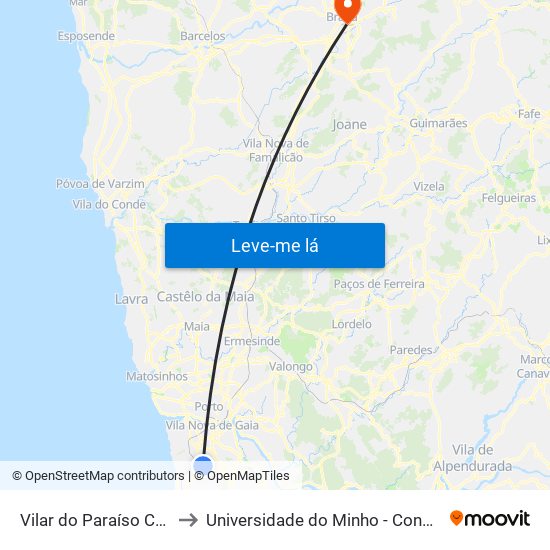 Vilar do Paraíso Calçada to Universidade do Minho - Congregados map