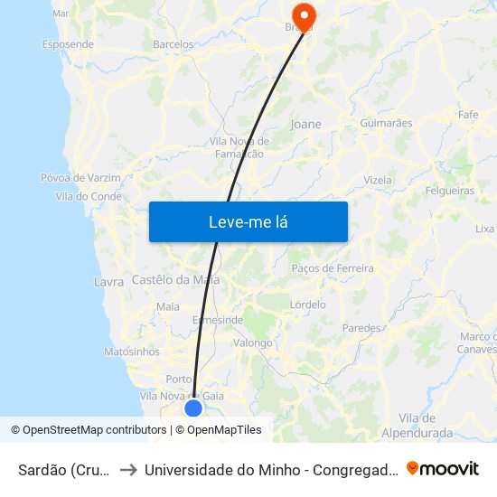 Sardão (Cruz.) to Universidade do Minho - Congregados map