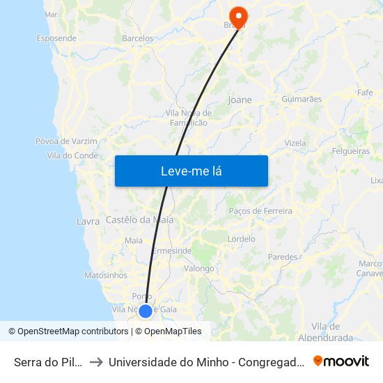 Serra do Pilar to Universidade do Minho - Congregados map