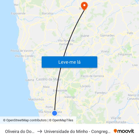 Oliveira do Douro to Universidade do Minho - Congregados map