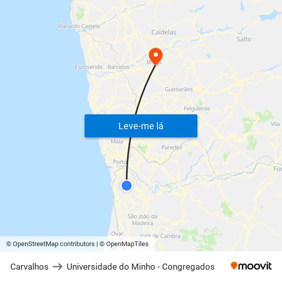 Carvalhos to Universidade do Minho - Congregados map