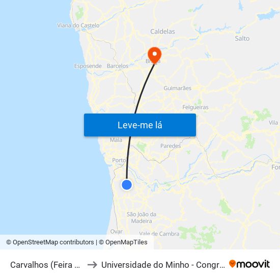 Carvalhos (Feira Nova) to Universidade do Minho - Congregados map