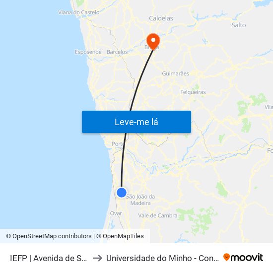 IEFP to Universidade do Minho - Congregados map