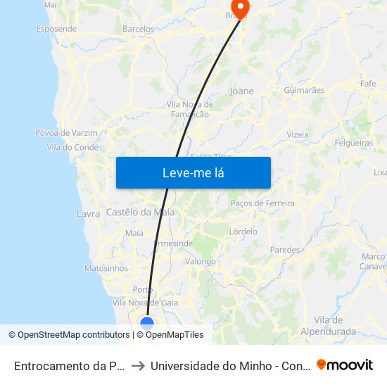 Entrocamento da Palmeira to Universidade do Minho - Congregados map