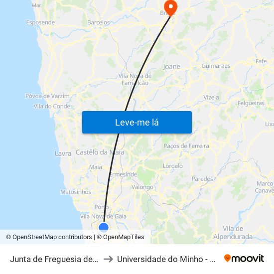 Junta de Freguesia de Mafamude to Universidade do Minho - Congregados map