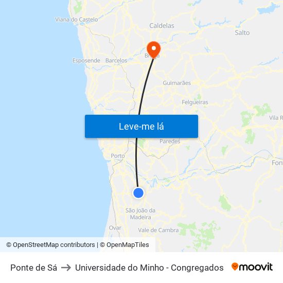 Ponte de Sá to Universidade do Minho - Congregados map