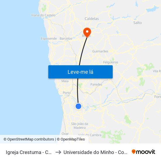 Igreja Crestuma - Crestuma to Universidade do Minho - Congregados map