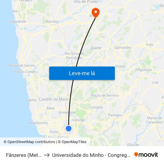 Fânzeres (Metro) to Universidade do Minho - Congregados map