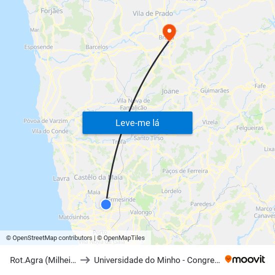Rot.Agra (Milheirós) to Universidade do Minho - Congregados map