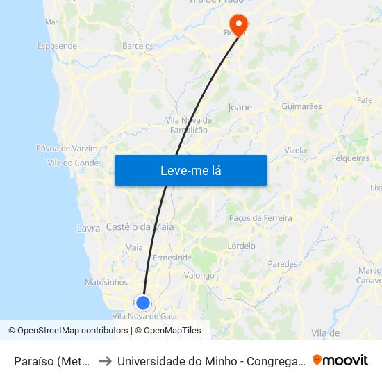 Paraíso (Metro) to Universidade do Minho - Congregados map