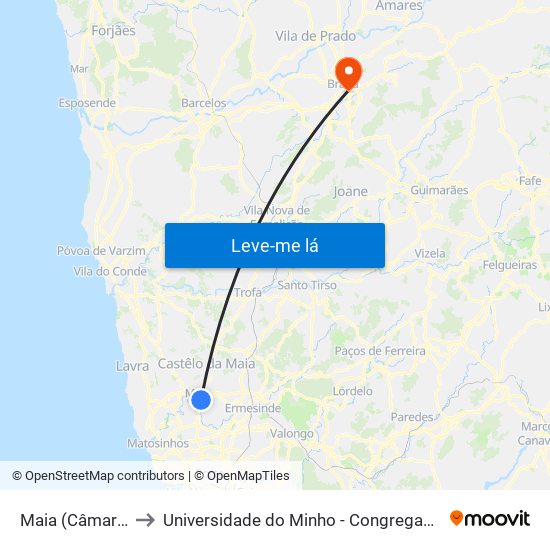 Maia (Câmara) to Universidade do Minho - Congregados map