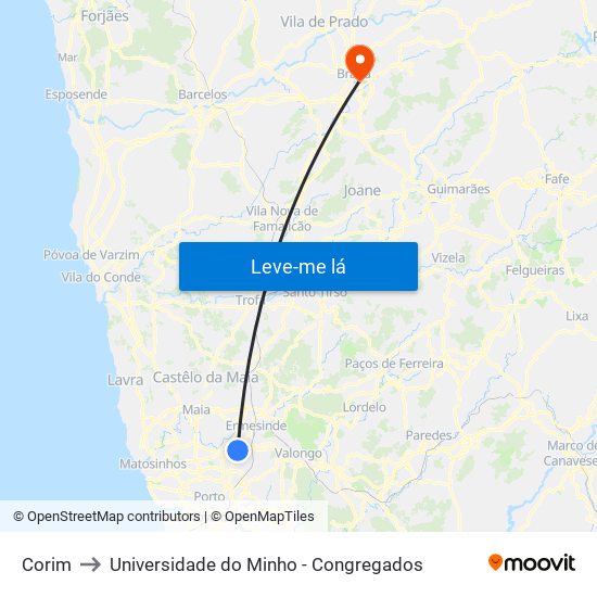 Corim to Universidade do Minho - Congregados map