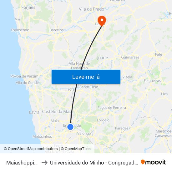 Maiashopping to Universidade do Minho - Congregados map