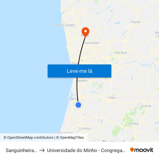 Sanguinheira B to Universidade do Minho - Congregados map