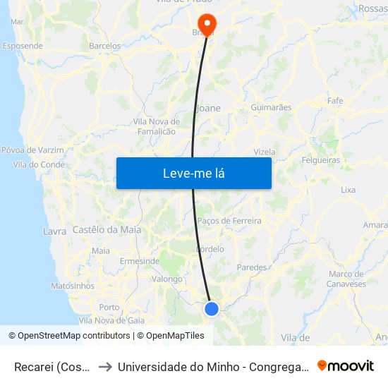 Recarei (Costa) to Universidade do Minho - Congregados map