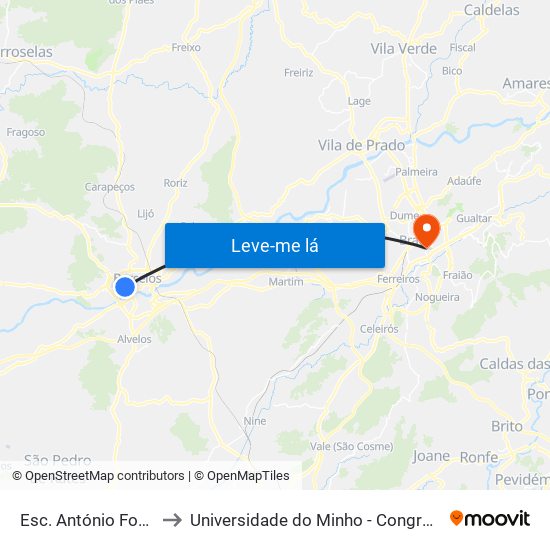 Esc. António Fogaça to Universidade do Minho - Congregados map