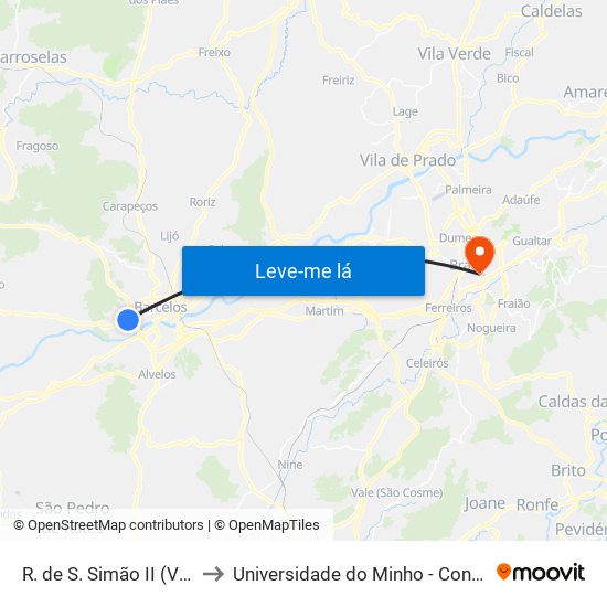R. de S. Simão II (Viaduto) to Universidade do Minho - Congregados map