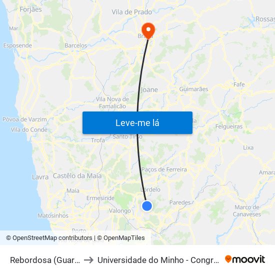 Rebordosa (Guardão) to Universidade do Minho - Congregados map