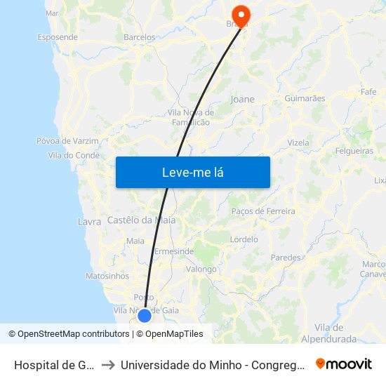Hospital de Gaia to Universidade do Minho - Congregados map
