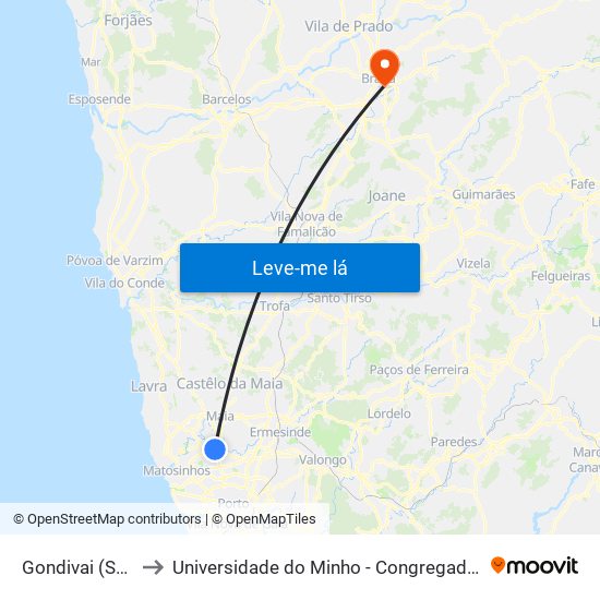 Gondivai (Sul) to Universidade do Minho - Congregados map