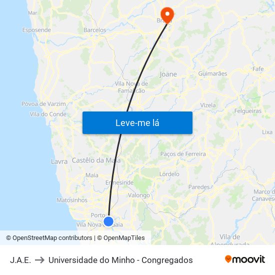 J.A.E. to Universidade do Minho - Congregados map