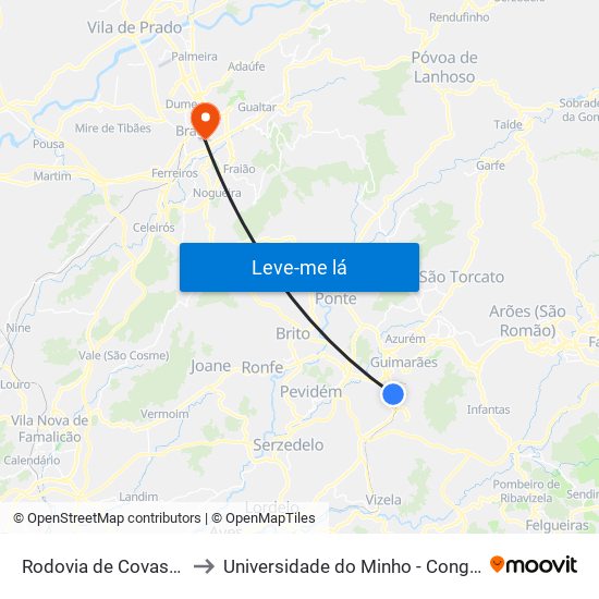 Rodovia de Covas (CTT) to Universidade do Minho - Congregados map