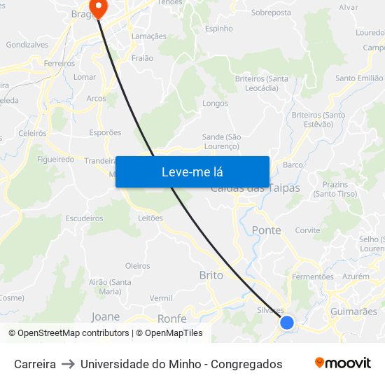 Carreira to Universidade do Minho - Congregados map