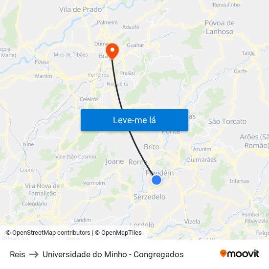 Reis to Universidade do Minho - Congregados map