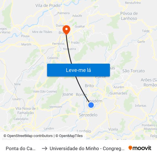 Ponta do Campo to Universidade do Minho - Congregados map