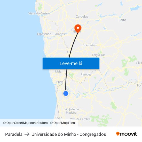 Paradela to Universidade do Minho - Congregados map