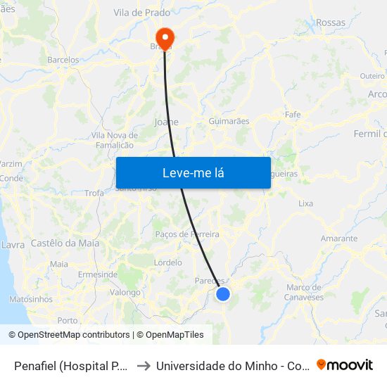 Penafiel (Hospital P.Américo) to Universidade do Minho - Congregados map