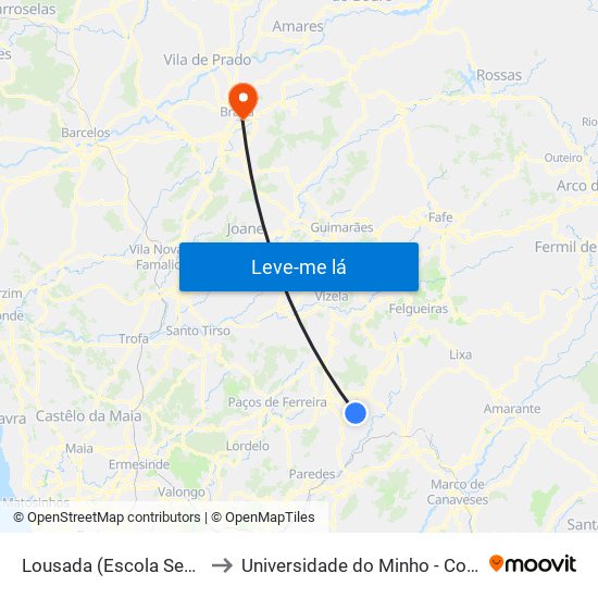 Lousada (Escola Secundaria) to Universidade do Minho - Congregados map