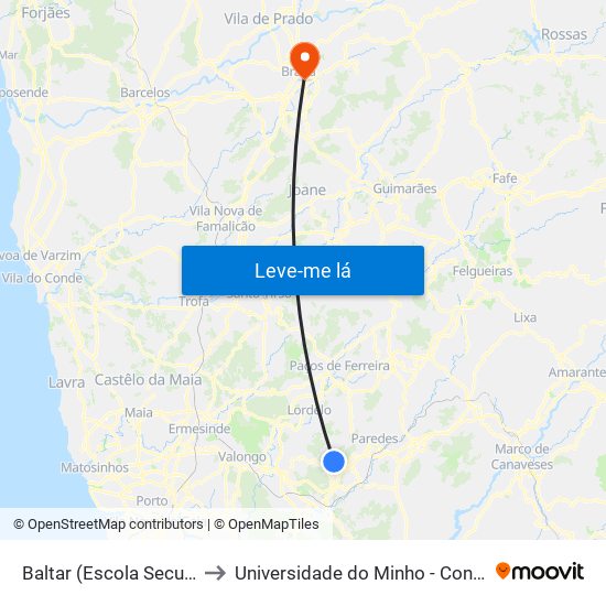 Baltar (Escola Secundária) to Universidade do Minho - Congregados map