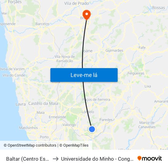 Baltar (Centro Escolar) to Universidade do Minho - Congregados map