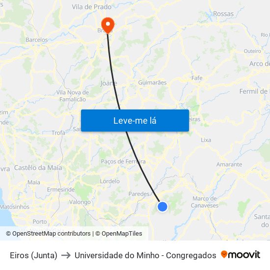 Eiros (Junta) to Universidade do Minho - Congregados map