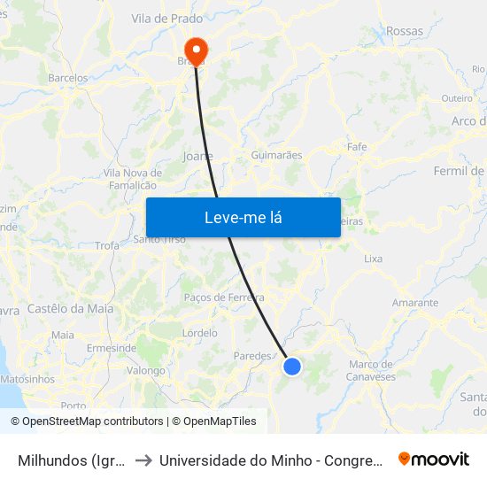 Milhundos (Igreja) to Universidade do Minho - Congregados map