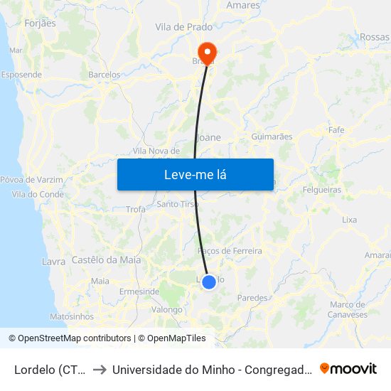 Lordelo (CTT) to Universidade do Minho - Congregados map