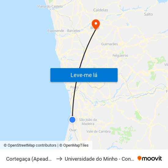 Cortegaça (Apeadeiro) - B to Universidade do Minho - Congregados map