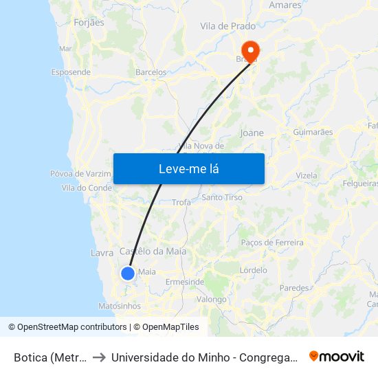 Botica (Metro) to Universidade do Minho - Congregados map