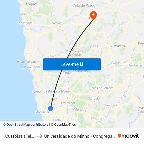 Custóias (Feira) to Universidade do Minho - Congregados map