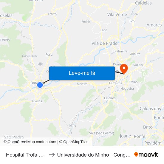 Hospital Trofa Saúde to Universidade do Minho - Congregados map