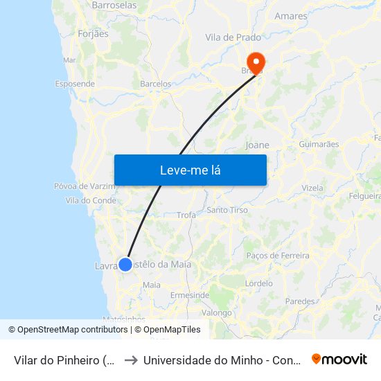 Vilar do Pinheiro (Metro) to Universidade do Minho - Congregados map