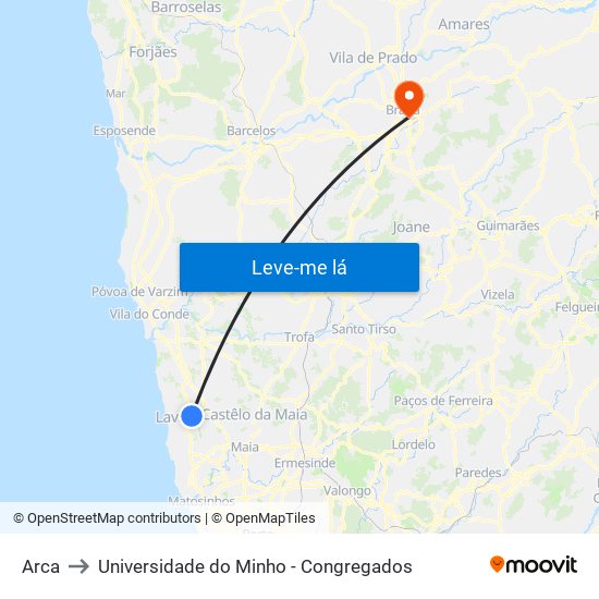 Arca to Universidade do Minho - Congregados map