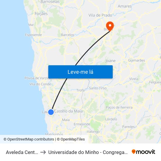 Aveleda Centro to Universidade do Minho - Congregados map