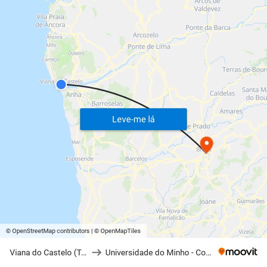 Viana do Castelo (Terminal) to Universidade do Minho - Congregados map