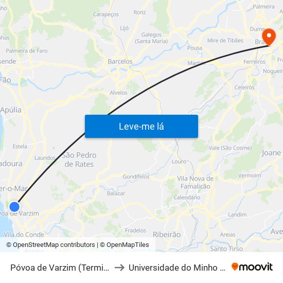 Póvoa de Varzim (Terminal Rodoviário) to Universidade do Minho - Congregados map